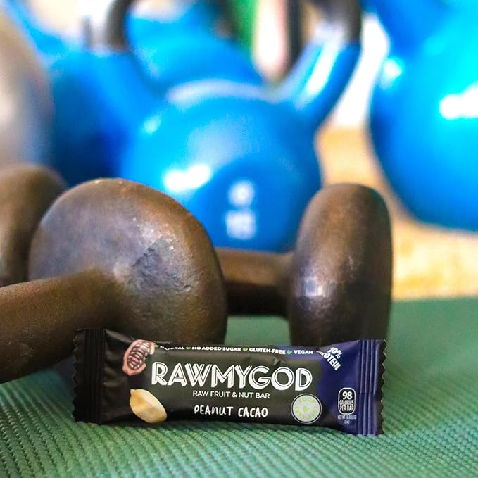 RAWMYGOD Fruit and Nut Bars Good Source of Protein (5g 20% protein content) Gluten Free Vegan No Added Sugar (20 bars Peanut &amp Cacao)