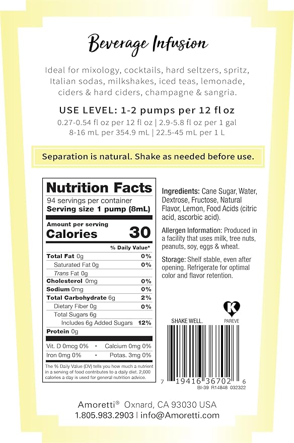 Amoretti - Lemonade Beverage Infusion Drink Mix &amp Water Enhancer with Pump for Flavoring Cocktails Waters Teas and other Beverages 94 Servings Per Bottle (750 ml) Preservative Free