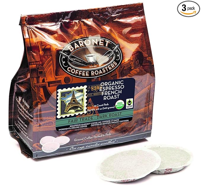 Baronet Coffee Pods [Organic Espresso French Roast-54 Pods] Single Cup Use for Senseo Machine - 3 Bags of 18 Single Serve 8 Gram Regular Strength[Org Espresso Fr. Roast]