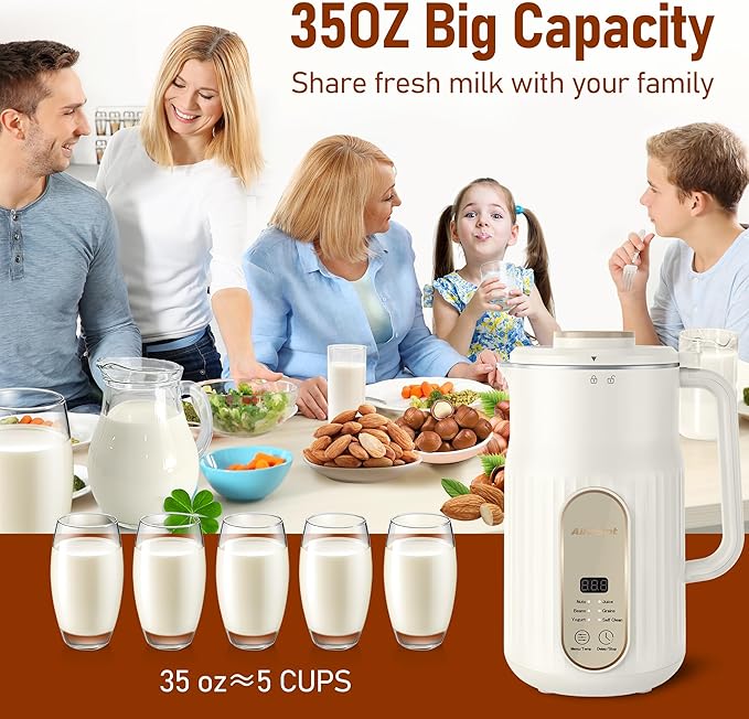 Nut Milk Maker AlfaBot N2 Automatic Almond Milk Machine for Homemade Plant-Based Milk Oat Soy Yogurt 5 Modes/35OZ Big Capacity Soy Milk Maker with Delay Setting and Self Cleaning (Cream)