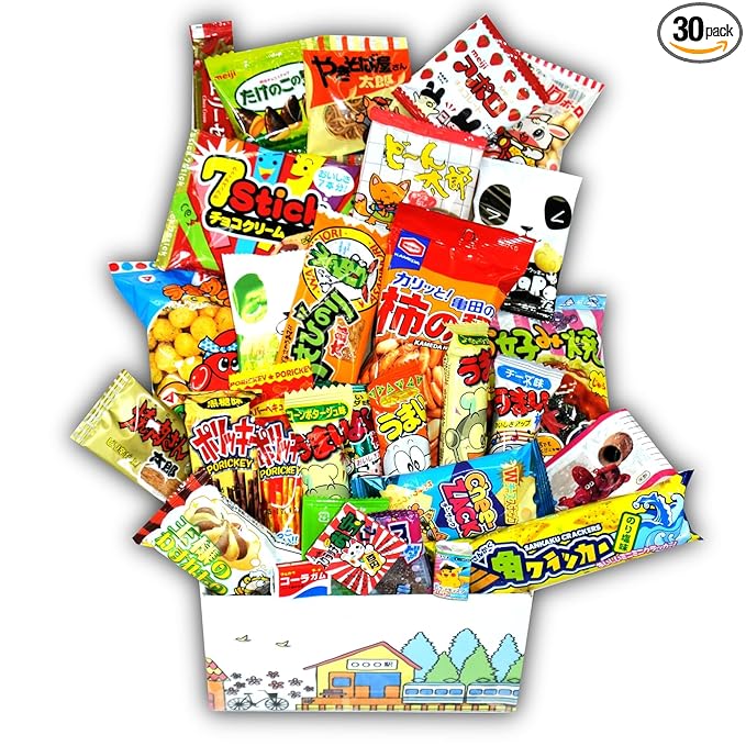 Dagashi Box from DagashiyaBox Pack 30 Count Japanese Snacks Individual Wrapped Gift Package Treats Mini Bar Assortments Authentic Japanes Party supplies food
