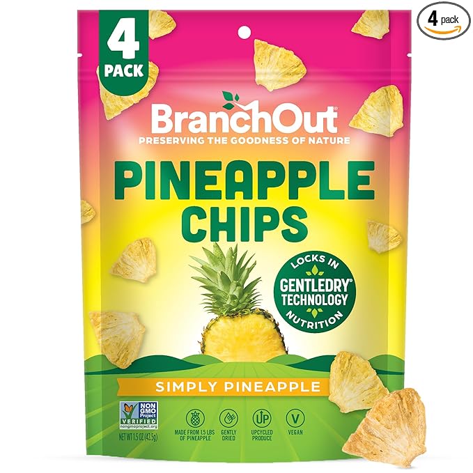 BranchOut Pineapple Chips No Sugar Added Real Dried Pineapple Chunks GentleDry Better than Freeze Dried Pineapple Healthy Vegan Snacks for Kids &amp Adults 1.5 oz (Pack of 4)
