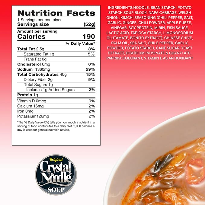 Crystal Noodle Soup Kimchi Savory Broth Filled with Spicy Napa Cabbage (Pack of 6 Cups) 1.83 OZ