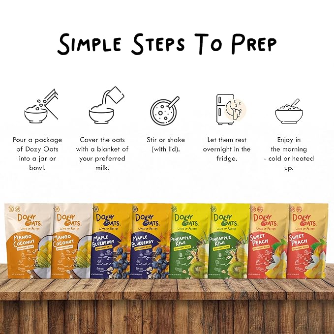 Dozy Oats Overnight Oatmeal Packets Fruity Faves Variety Box with Rolled Oats Chia Seeds Date Powder and Dried Fruit. Gluten-Free Natural Source of Protein and Fiber 8-Pack and Jar