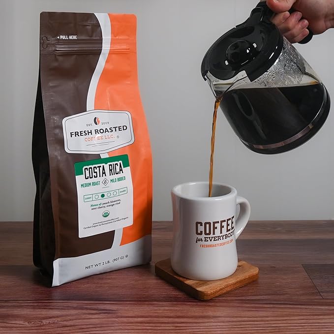 Fresh Roasted Coffee Organic Costa Rica | USDA Organic 100% Single Origin Kosher | Medium Roast 5 lb (80 oz) Whole Bean