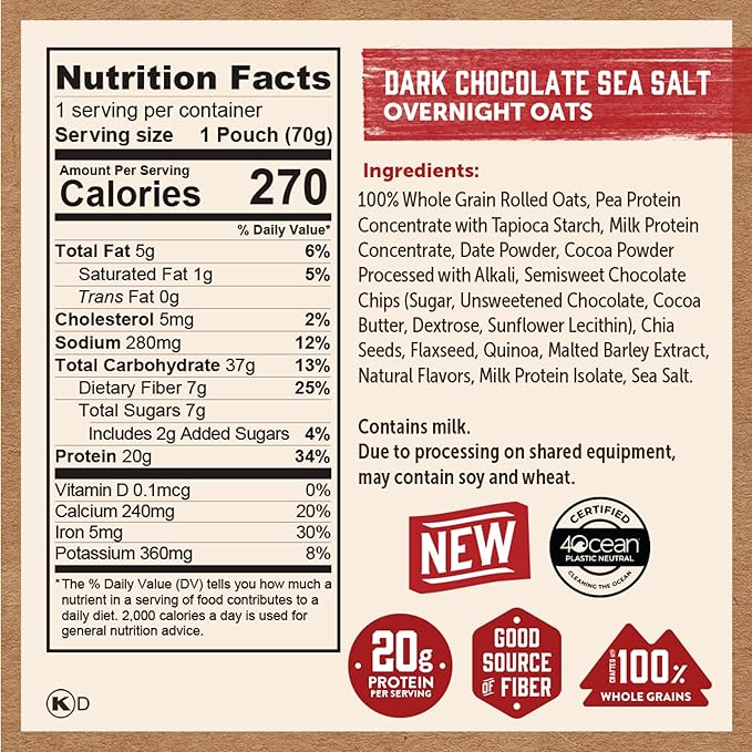 Kodiak Cakes Dark Chocolate Sea Salt - Overnight Oats with 20g Protein High Fiber Breakfast (Pack of 9 Pouches)