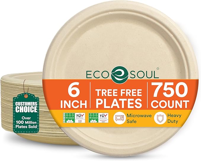 ECO SOUL 6 Inch Compostable Disposable Paper Plates [750 Pack] Food Safe 100% Virgin Bagasse Pulp Heavy Duty Microwave Safe Small Round Dessert Appetizer Plate for Party Picnic &amp BBQ (Brown)