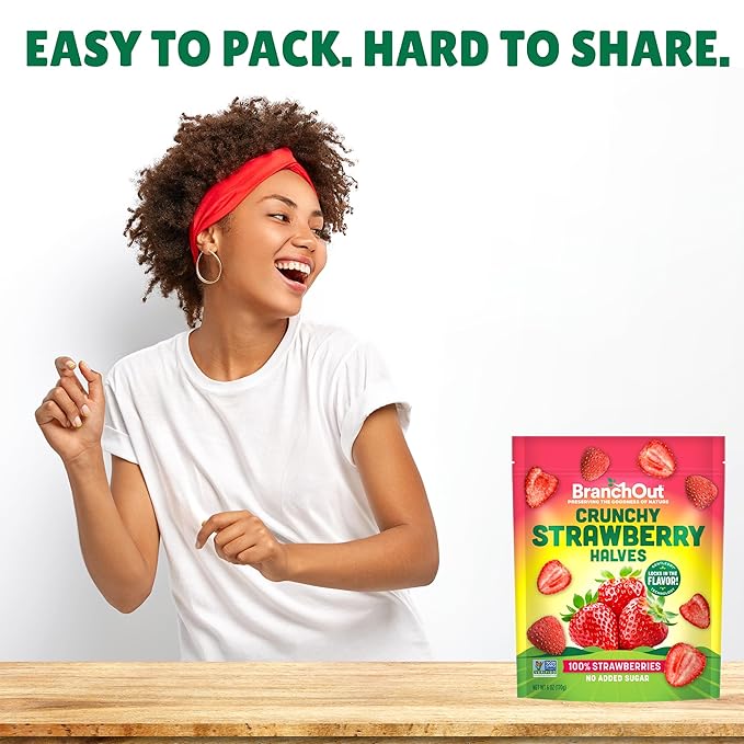 BranchOut Crunchy Strawberry Halves Real Dried Strawberries No Sugar Added GentleDry Better than Freeze Dried Strawberries Healthy Vegan Snacks 6 oz Party Bag