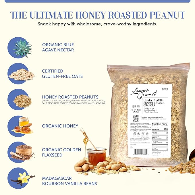Laura's Gourmet Granola - Honey Roasted Peanut Crunch - Gluten Soy &amp Dairy Free - Organic Premium Honey Roasted Peanuts Artisan Chef's Trifecta of Taste Texture &amp Mouthfeel - 2 LB