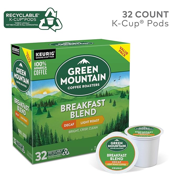 Green Mountain Coffee Roasters Decaf Breakfast Blend Single-Serve Keurig K-Cup Pods Light Roast Coffee 32 Count (Pack of 4)
