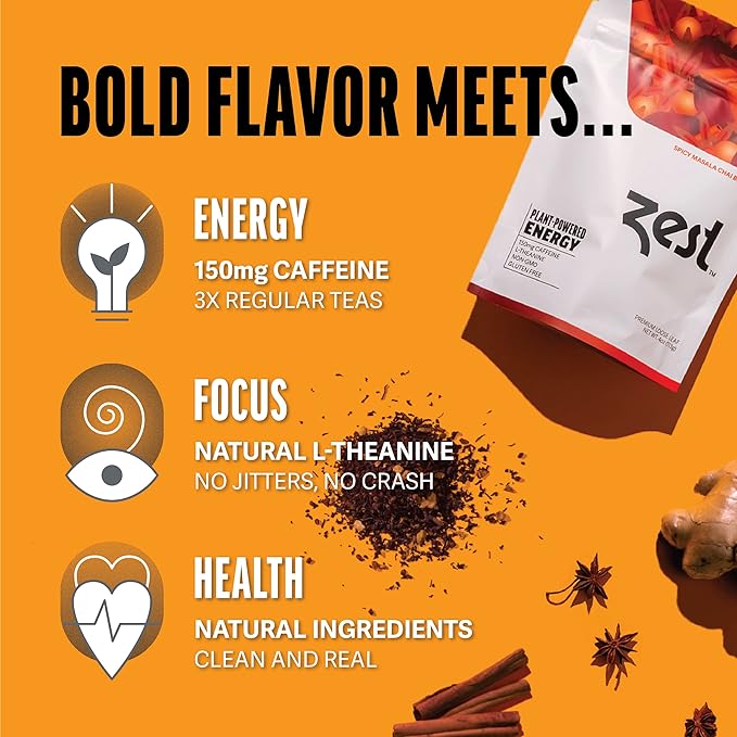 Zest Energy Black Tea - Spicy Masala Chai Loose Leaf Blend - High Caffeine Cardamom Ginger Tea with Cinnamon - Caffeinated Coffee Altnernative - Natural Non-GMO &amp Keto - 50 Servings - 150mg Caf