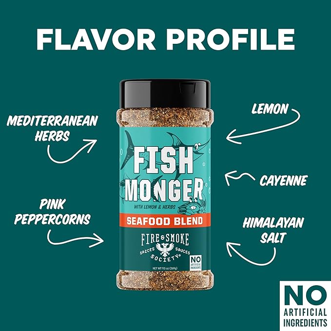 Fire &amp Smoke Society Fish Monger Seafood Seasoning | Fish Seasoning for Snapper Swordfish Tuna Catfish Salmon | BBQ Rubs and Spices | Himalayan Pink Salt Garlic Aromatic Herbs Lemon and Ora