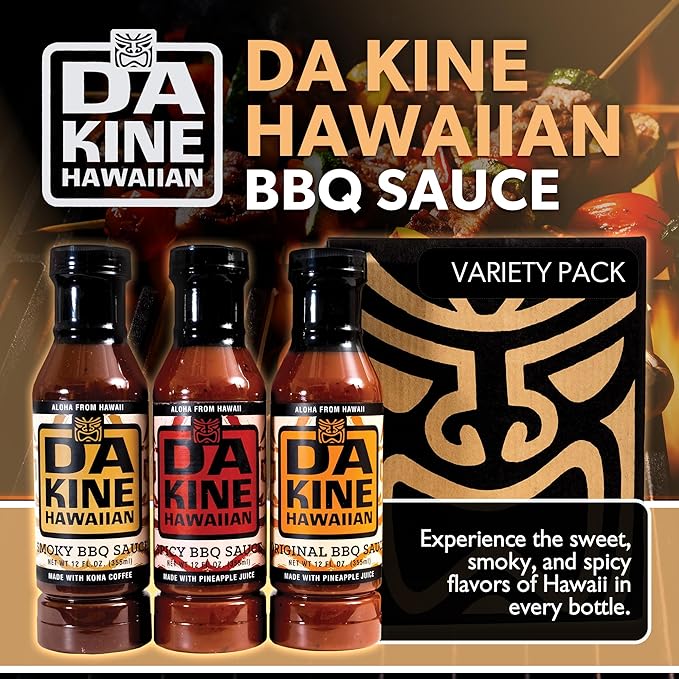 Da Kine Hawaiian BBQ Sauce - Premium Gourmet Barbecue Sauce Gluten-Free Flavored Seasoning &amp Dipping BBQ Spices for Meat Fish &amp Vegetables Grill &amp Kitchen Essentials - 3 Flavors 12 oz