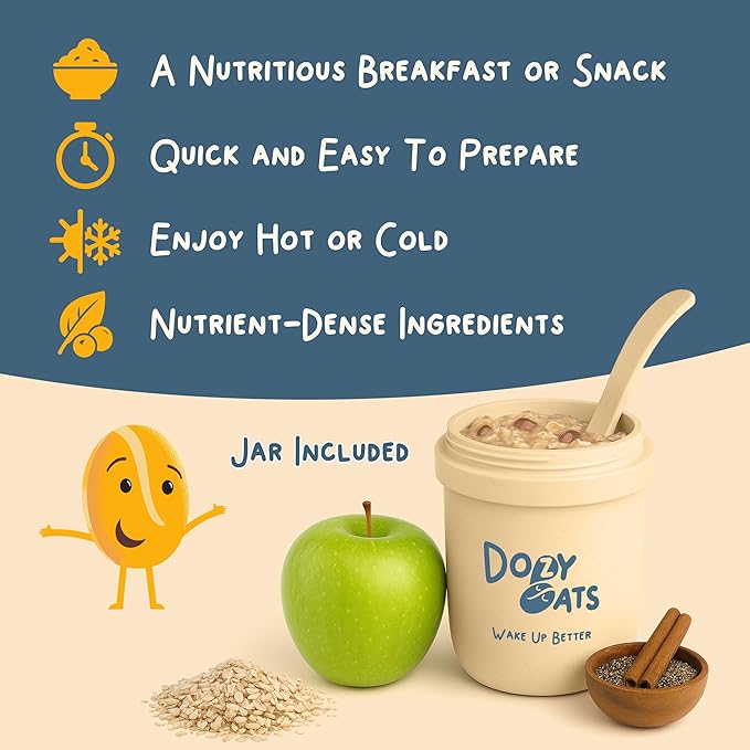 Dozy Oats Overnight Oatmeal 15-Serving Big Batch Bag. Gluten-Free Natural Source of Protein and Fiber Apple Cinnamon 750g Pack and Jar