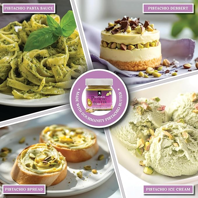 Gourmanity Pure Italian Pistachio Butter Spread 100% Nut Deliciousness Gourmet Pistachio Paste For Sweet And Savory Dishes No Added Sugar GF Vegan Keto and Paleo Friendly Kosher And Halal Certi