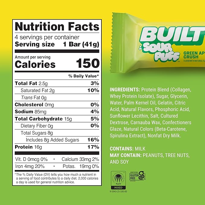 BUILT Bar Sour Puff Protein Bars - Variety Pack - 16g Protein Snack Bars with Collagen - Calorie Conscious &amp Gluten Free - 12 Count