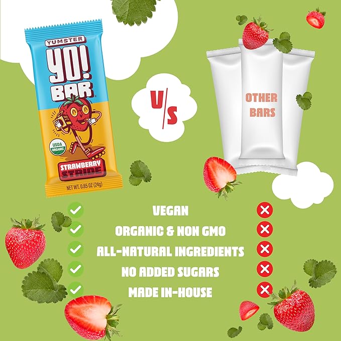 Yo! Bar by Bearded Brothers Vegan Organic Kids Bar Strawberry (25 Bars) - Gluten Free Paleo and Whole 30 | Soy Free Non-GMO Low Glycemic No Sugar Added Fiber + Whole Foods