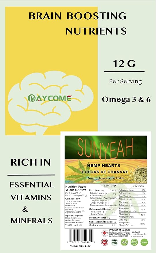 SUNYEAH Canadian Hemp Hearts - 2kg of Pure Prairie Saskatchewan Harvest Shelled Hemp Seeds Perfect for Smoothies Yogurt and Salads - Non-GMO Vegan Keto Gluten-Free(Pack of 1)
