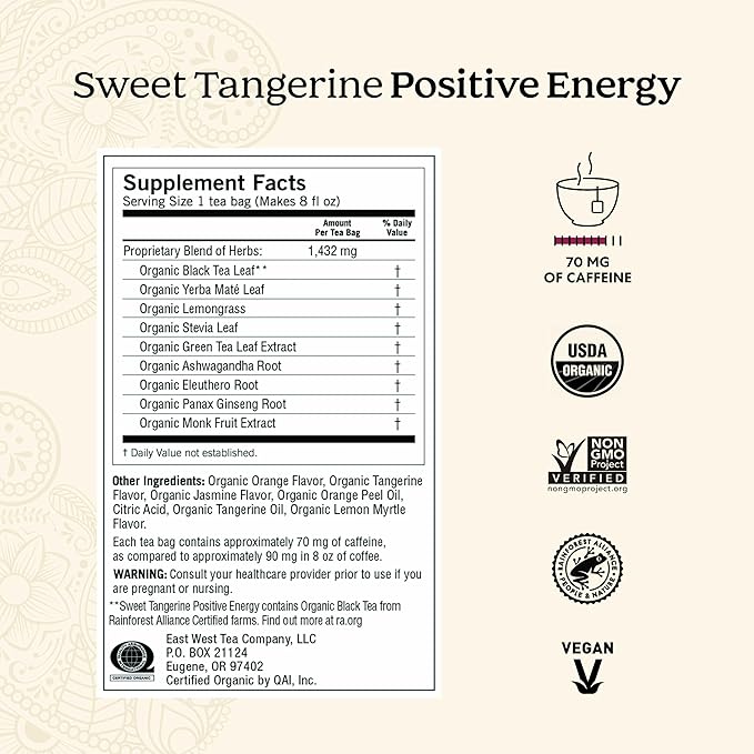 Yogi Sweet Tangerine Positive Energy Tea - 16 Tea Bags per Pack (6 Packs) - Organic Tangerine Energy Tea - Includes Black Tea Leaf Yerba Mate Leaf Ashwagandha Root &amp More