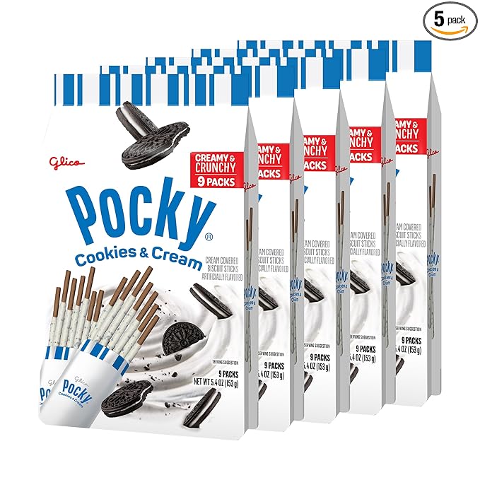 Pocky Cookies &amp Cream Family Size – 5 Bags (9 Individually Wrapped Pouches Each)