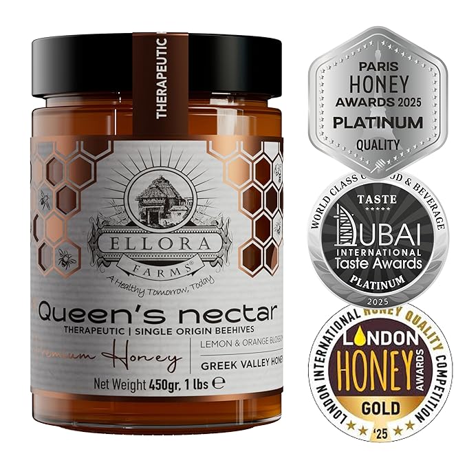 Ellora Farms Greek Pure Raw Honey Lemon &amp Orange Blossom Island of Crete Kosher Gold &amp Platinum Awards Non-GMO and Unpasteurized Gift Pack with Dipper 450g (160z)