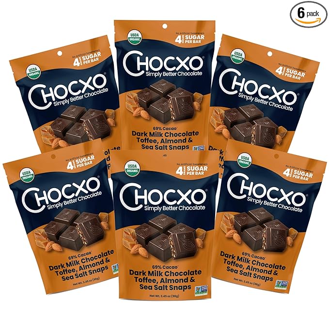 Chocxo Dark Milk Chocolate Toffee Almond &amp Sea Salt Snaps - Lower Sugar 69% Organic Cacao NonGMO Keto Gluten Free Kosher. No Artificial Sweeteners/Sugar Alcohols 3.45 oz (Pack of 6)