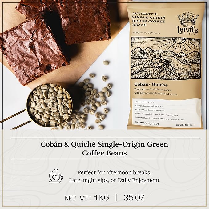 Leiva’s Unroasted Green Coffee Beans (1kg) – Coban/Quiche Single Origin Coffee w/Floral &amp Fresh Fruit Notes – Washed Shade Grown Organic Guatemala Beans – Balanced Whole Bean Unroasted Blend