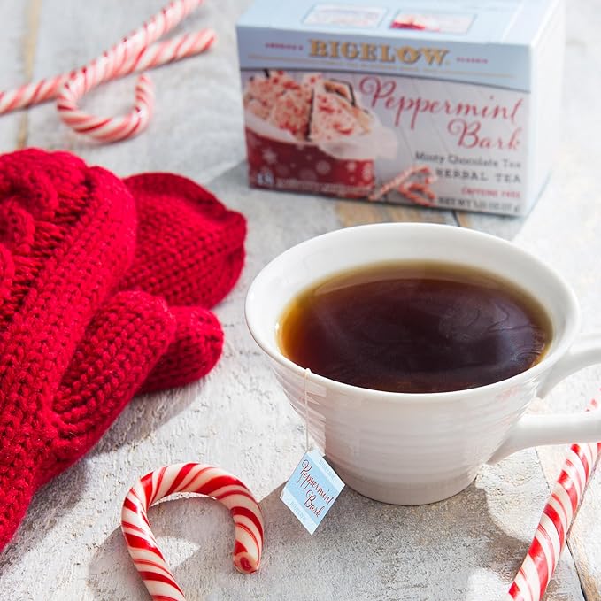Bigelow Tea Peppermint Bark Herbal Tea Caffeine Free Tea with Peppermint and Chocolate Holiday and Christmas Tea 18 Count Box (Pack of 6) 108 Total Tea Bags