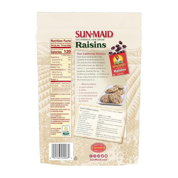 Sun-Maid Organic California Sun-Dried Raisins (3 Pack) 32 oz Resealable Bags - Organic Dried Fruit Snack for Lunches Snacks and Holiday Charcuterie Boards