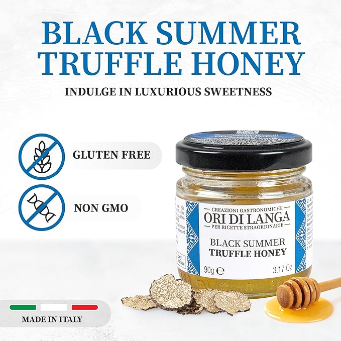 Ori di Langa Black Truffle Honey - Gourmet Flavored Honey Infused with Black Summer Truffles Foraged in Italy Luxurious All Natural Sauce for Foodies Non-GMO - 3.17 oz