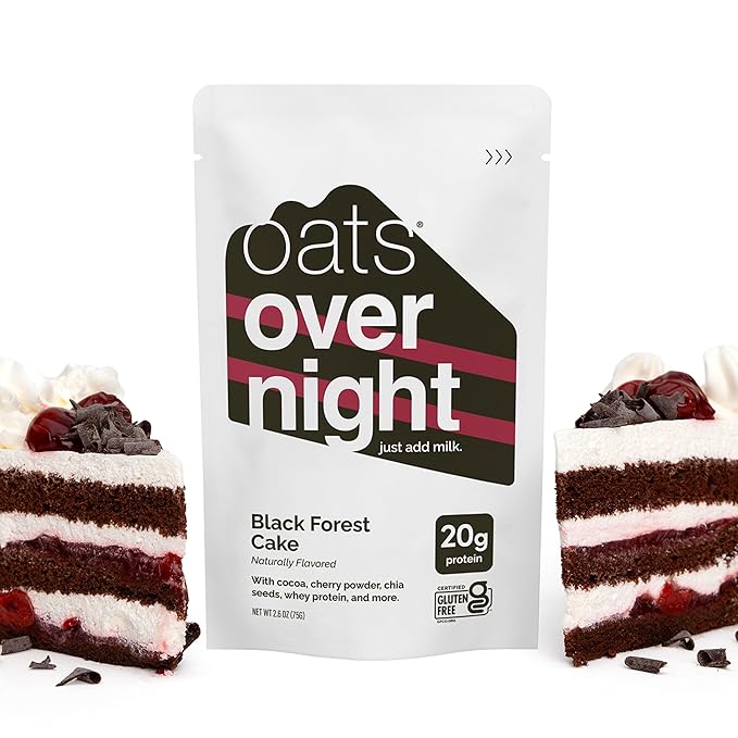 Oats Overnight Black Forrest Cake - Overnight Oats with 20g Whey Protein High Fiber Breakfast Protein Shake - Gluten Free Oatmeal Non GMO High Protein Oatmeal (2.6 oz per Meal) (8 Pack)