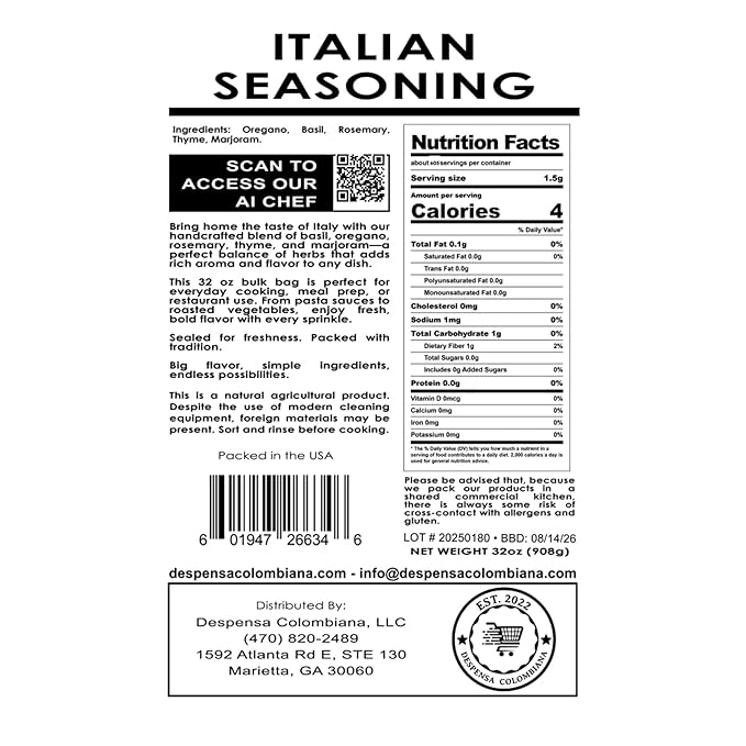2 Lbs Bulk Italian Seasoning - Despensa Colombiana Condimento Italiano for Mediterranean Cooking and Sazon - Ideal Italian Seasoning Bulk Herbs Blend for Flavoring Dishes and Enhancing Culinary Creati