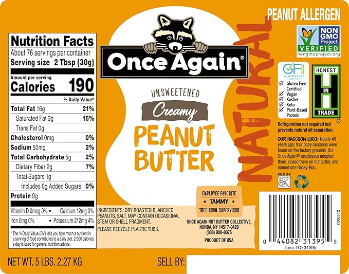 Once Again Natural Creamy Peanut Butter 5lb Pantry Pal (same as 5 jars) - Lightly Salted Unsweetened - Gluten Free Certified Vegan Kosher Non-GMO Verified