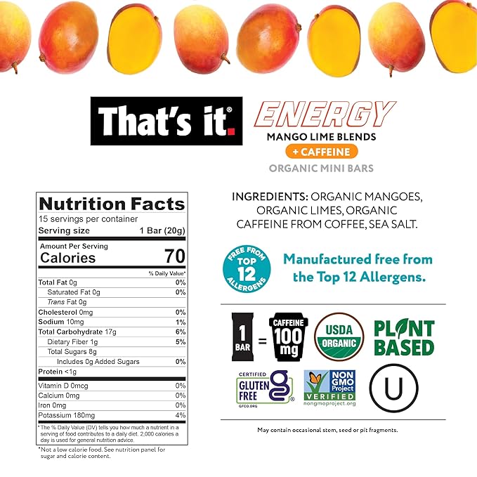 That’s it. Mango Lime Energy Mini Bars | 100mg Natural Caffeine |Mango Lime| Allergy-Friendly Nut Free Organic Non-GMO Gluten-Free Snacks | 15 Count