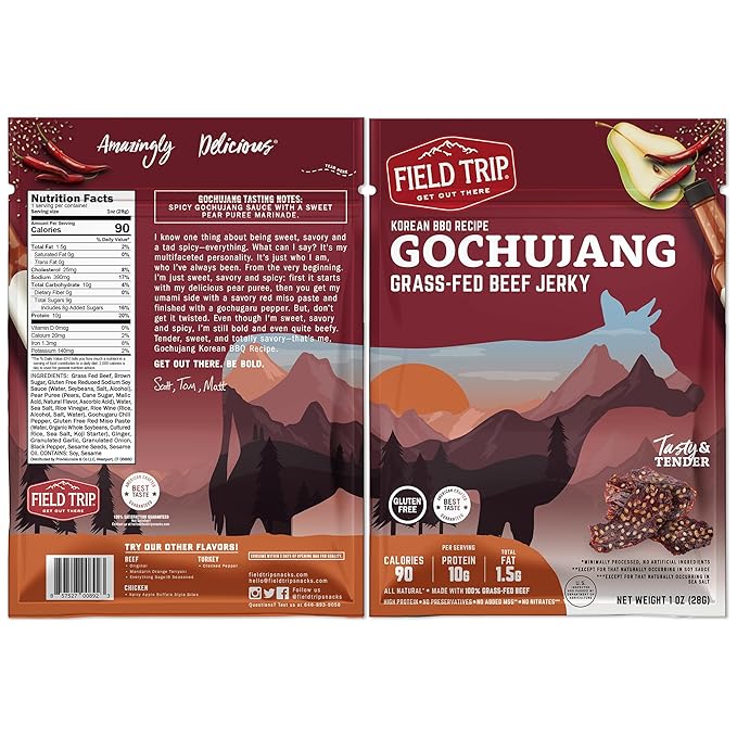 Field Trip Grass Fed Beef Jerky Healthy Gluten Free Snacks All Natural Paleo-Friendly Beef Jerky High Protein Low Carb Snack with No Nitrates 1oz Bag 12 Pack Gochujang Korean BBQ