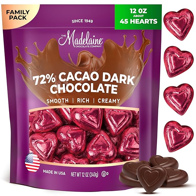 Madelaine Dark Chocolate Mini Hearts Candy – 72% Cacao Valentine’s Day Chocolates Individually Wrapped in Burgundy Foil – 12 oz