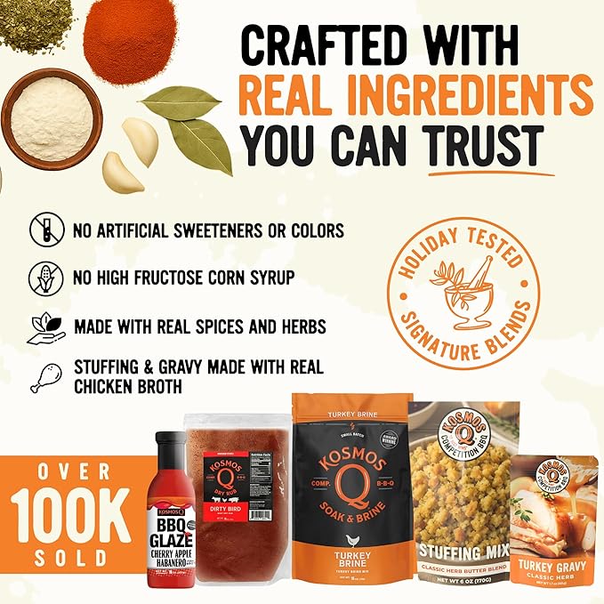 Kosmos Q Ultimate Turkey Brine Kit With Brine and Brining Bag Dirty Bird Rub Cherry Apple Habanero BBQ Glaze Gravy and Stuffing Bags &amp Recipe Card Full Set for Cooking or Smoking Holiday Meal