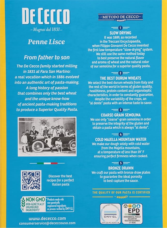 De Cecco Pasta Penne Lisce No.40 1 Pound (Pack of 12) - Made in Italy High in Protein &amp Iron Bronze die
