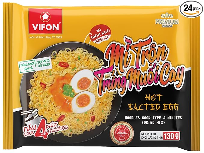 VIFON Mixed Salted Egg Instant Noodles Hot Flavor (Mì Trộn Trứng Muối Cay) 24-Pack (4.6 oz / 105 g each) | Dried Mix | Vietnamese Premium Noodles | Ready in 4 Minutes