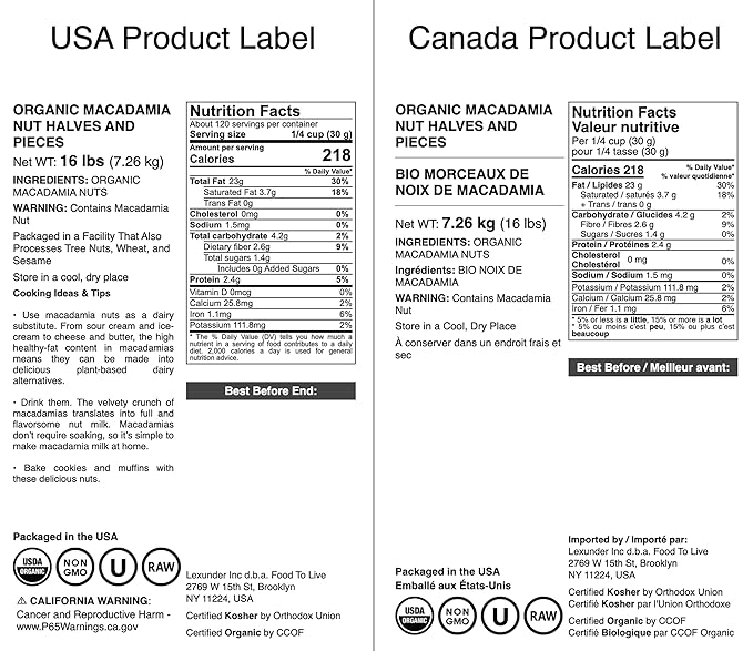 Food to Live Organic Macadamia Nut Halves &amp Pieces 16 Pounds – Non-GMO Raw Shelled Unsalted Kosher Vegan Bulk. Keto Snack. Source of Healthy Fats. Topping for Salad Yogurt Cereal Dessert