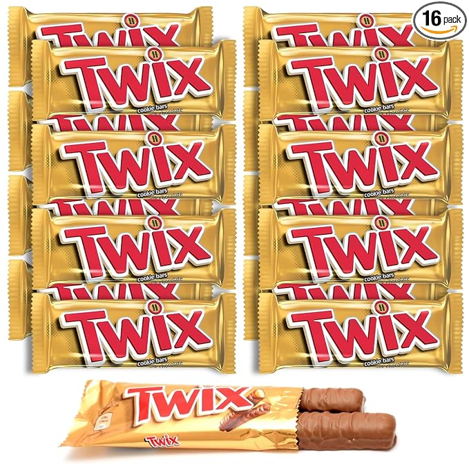 Twix Candy Bars Bulk: 50g Individually Wrapped Full-Size Caramel Cookie Bars - Satisfy Your Sweet Tooth with Twix! (Purpalia Packaging) (16 Pack)
