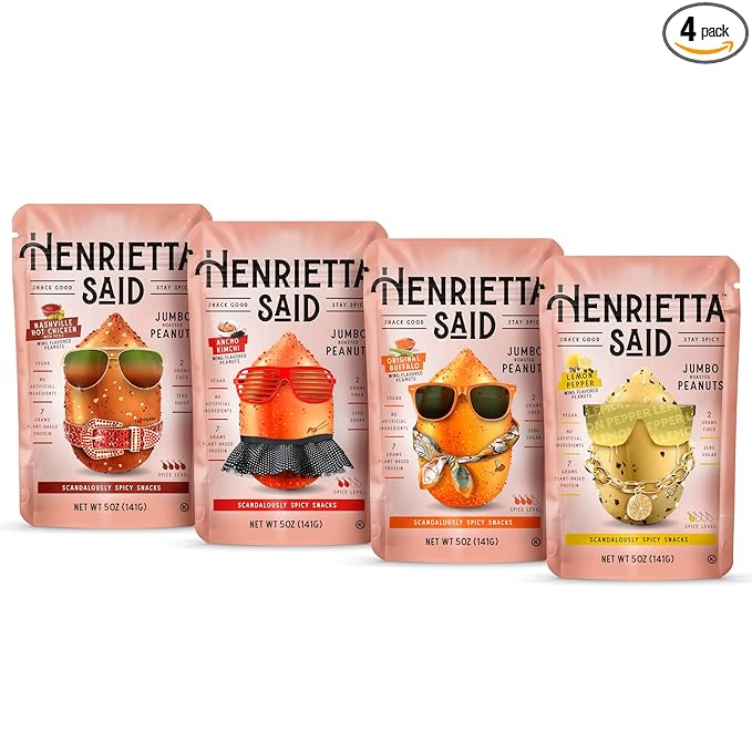 Henrietta Said Wing-Flavored Peanuts - Variety Pack - Truly Good Foods Shelled Snacking Nuts - Bold Flavors - Savory &amp Spicy - Jumbo Flavored Peanuts - Protein Packed Vegan Snack - 4 (5-oz) Packs