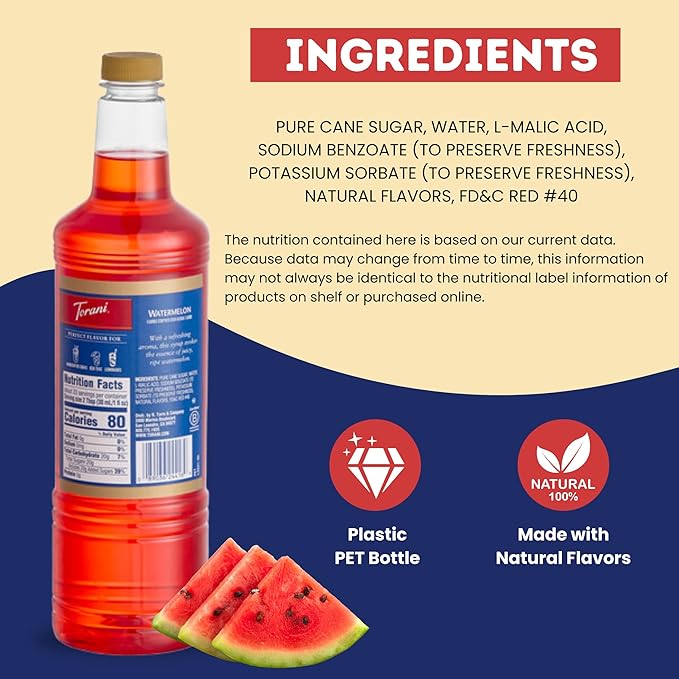 Torani Watermelon Syrup 1 Liter with Pump – Juicy Summer Flavoring for Drinks Cocktails &amp Mocktails – Pure Cane Sugar Natural Flavors BPA-Free Bottle – Refreshing Beverage Syrup