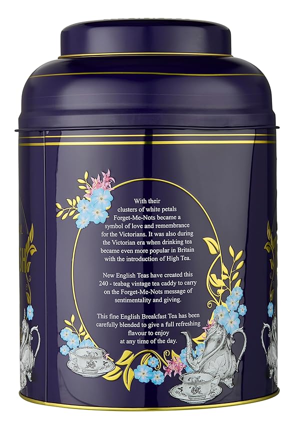 New English Teas Vintage Victorian Tea Tin in Royal Purple With 240 English Breakfast Teabags Forget Me Not Florals