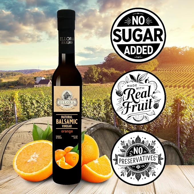 Ellora Farms Orange Balsamic Vinegar Real Fruit Infused Thick Barrel Aged No-added sugars No-preservatives Glass bottle 8.5 oz (Orange)