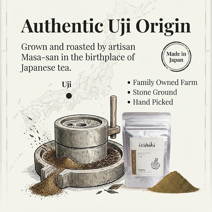 Isshiki Matcha Hojicha Powder – Low Caffeine Roasted Green Tea from Uji Japan – Smooth Nutty Flavor with Full-Body Tones – Authentic Japanese Loose Powder for Daily Enjoyment - 30g (20 Servings)