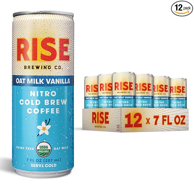 RISE Brewing Co. Vanilla Oat Milk Nitro Cold Brew Coffee No Sugar Added &amp No Dairy Organic &amp Non-GMO Low Acidity &amp Vegan 7 Fl. Oz. Cans