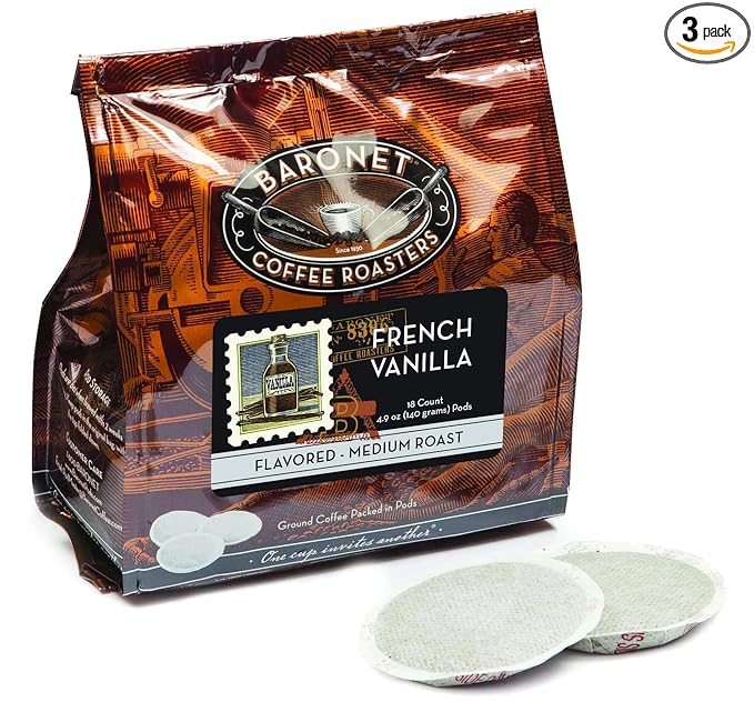 Baronet Coffee Pods [French Vanilla Flavored-54 Pods] Single Cup Use for Senseo Machine - 3 Bags of 18 Single Serve 8 Gram Regular Strength Medium Roast [French Vanilla]