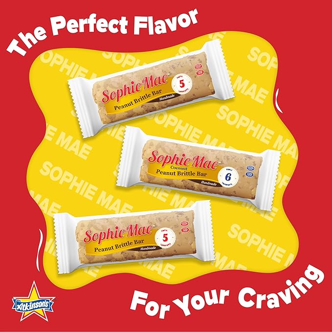 Atkinson's Sophie Mae Peanut Brittle Bar - Salty and Sweet Peanut Brittle - Gluten Free Kosher Vegan No Artificial Ingredients - 2.25 oz. Bar - 24 Count Pack