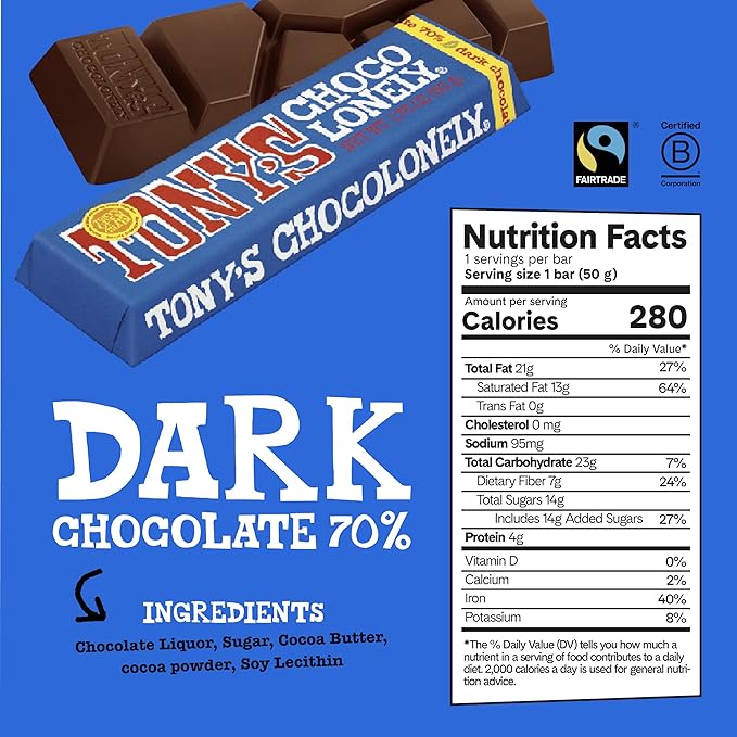 Tony’s Chocolonely Belgian Dark Chocolate Candy Bar Pure Chocolate Bars for Snacks Party Favors Gifts or Gift Basket Vegan 70% Cacao Made From Quality Fairtrade Cocoa 20 Bars 1.76 Oz Each
